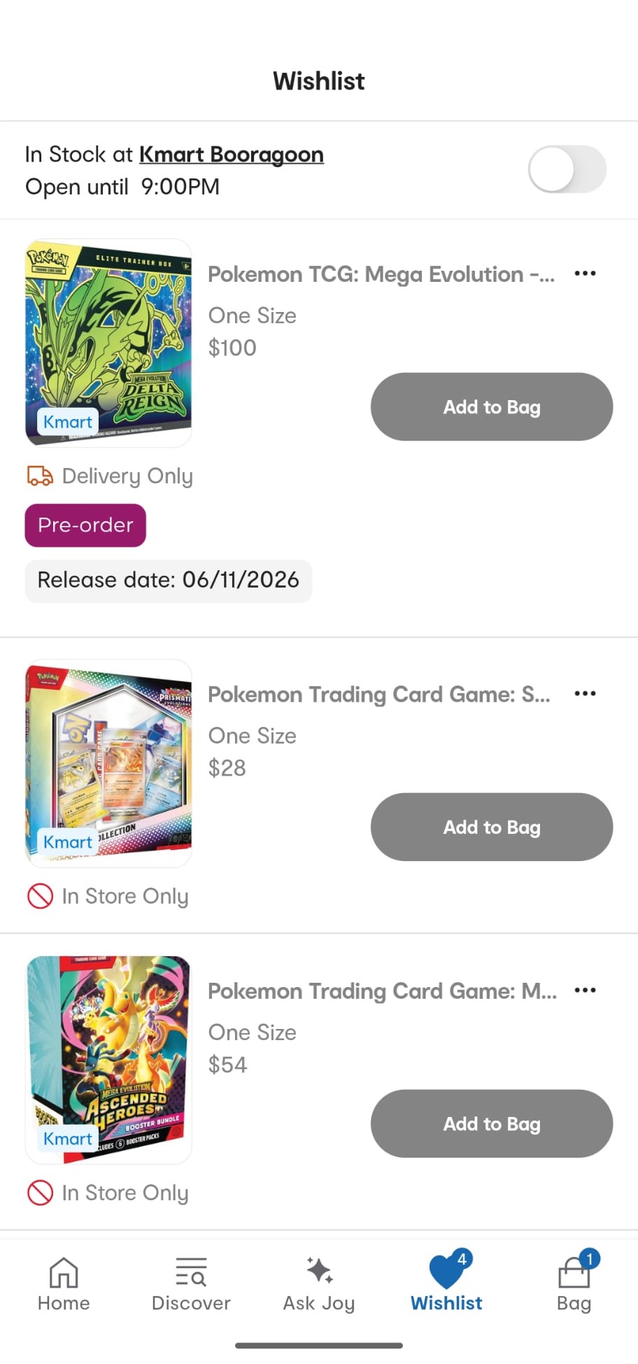 The Wishlist screen in the Kmart app showing saved products, with the in-stock store toggle at the top