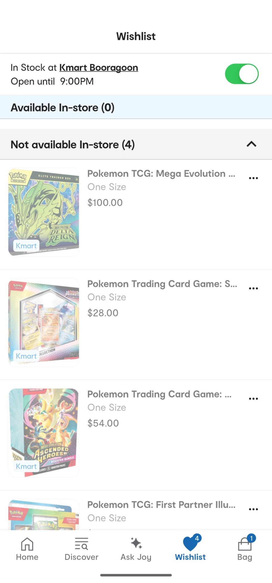The in-stock store toggle enabled at the top of the Kmart wishlist, splitting items into available and not-available in-store