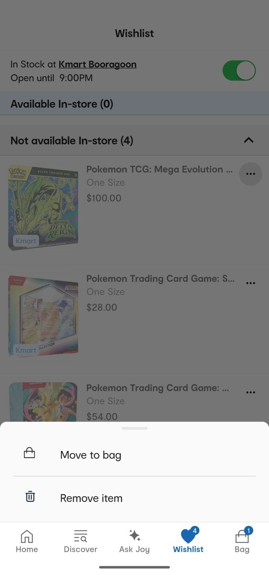The Kmart wishlist item menu open, showing the "Move to bag" and "Remove item" options